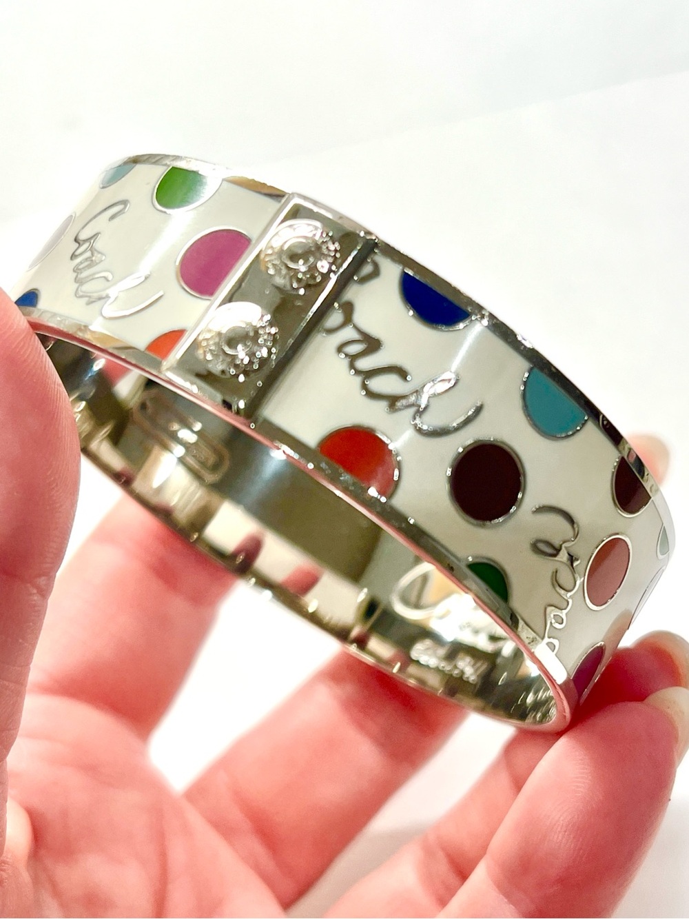 Coach Silvertone Polka Dot Enamel Bangle Bracelet NWOT - Picture 2 of 5